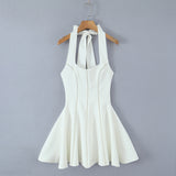French Style Collar Slings Waist Retro Skirt Dress Party Wide Swing Spliced Hanging Neck Miniskirt
