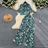 Salt-Lineed Light Style Suit Women's Fashion With Loose Short Print Shirt + High Waist Display Thin Leg Slacks