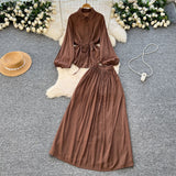 Extremely Simple Style Solid Temperament Suit Women's Spring Bubble Sleeve Strap Shirt + Tight Waist Slim Half Body Long Skirt