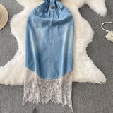 Vintage Lace Splicing V-Neckless Denim Dress Women's Summer Senior Feeling Lanky Dress