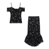 Spring 2025 New Women's Clothing Mesh Print Slings + Half-Dress Fashion Women's Set