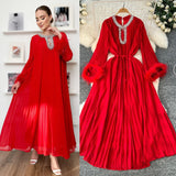 Autumn 2025 New Elegant Solid Dress Round Collared Loose Hair Splicing 100 Folding Long Dress