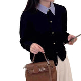Spring And Autumn 2025 Korean Version Of Temperament Age-Old Women's Design Sense Fashion Texture Splicing Fake Two Knitted Open Shirt