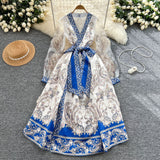 Court Retro Design Cross V-Neck Yarn Lantern Sleeve Strap To The Belt Print Big Swing Ponve Dress