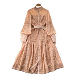 Court-Style Dress Woman's Spring 2025 New French Elegant Embroidered Lantern Sleeves Waist Single Buckle Large Swing Dress