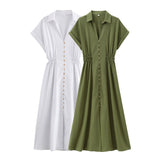 2025 Women's Fashion Casual Shirt-Style Buckle-Style Waist-Long Dress