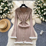 Light Luxury Famous Knitted Dress Woman Autumn Wooden Ear Over The Collar To Slim Beautiful Sister Mid-Long Dress