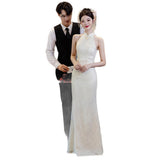 New Chinese Champagne-Colored Engagement Cheongsam Toast Bridal Fishtail Dress Beautiful Registration Certificate Wedding Dress