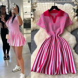 French-Style Retro-Necked Short-Sleeved Striped Knitted Dress Female Waist Temperament Thin A-Word Dress