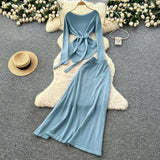 French Temperament Wears A Female Autumn And Winter Design Sense Of Irregular Strap To The Waist Long-Sleeved Knitted Shirt + High Waist Half-Dress