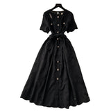 Summer Dress French Retro Heavy Industry Hollow Embroidery Round Neck-Waist Short-Sleeved Dress Female Thin Single Row Buckle Long Skirt