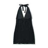 2025 Summer Three-Dimensional Flower Decoration Hanging Neck Lace-Wre-Necked Lace-Up Hip Babes Short Dress