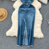 Chic Port Style Vintage Denim Dress Design With A Long Sling Dress In The Fork