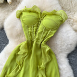 Holiday Style Dress 2025 Summer French Sexy Chest To Close Waist Thin Open Lotus Leaves Side Irregular Dress