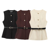 Spring 2025 New Women's Round-Neck With Sleeveless Belt Vest Women's Top