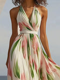 2025 Women's Sleeveless V-Neck Digital Print Belt Dress Dress
