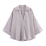 2025 Spring And Summer New Women's Fashion Casual Collar Striped Wide-Sleeved Shirt
