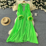 Autumn 2025 New Elegant Solid Dress Round Collared Loose Hair Splicing 100 Folding Long Dress
