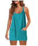 2025 Summer Solid Sleeveless Dress Fine Shoulder Strap Vest Skirt Sports Skirt Pocket