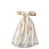 French One-Word Shoulder-Scaring Dress Women's Summer Gentle Wind To Close The Waist Mashed Flowers Bubble Sleeve Yarn Fairy Dress
