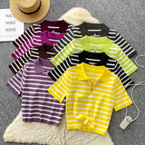 Short-Sleeved Knitted Women 2025 Summer South Korea Ins New Trendy Sleek Striped T-Shirt Women's Tops