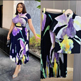 Miyaji Fashion Set Women's Summer French High-Grade Folding Print Short-Sleeved Top + Loose A Word 100-Fold Long Skirt