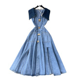 Design-Sensitive Large-Cuffless Vest Dress Women's Heart-Cuffed Long Retro Denim Dress Girl