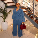 Light-Cooked Wind High-End Retro Lapel Long-Sleeved Cowboy Topess 2025 Autumn Dress High-Waisted Casual Broad-Legged Straight Trousers