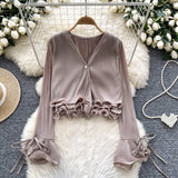 Long-Sleeved Shirt Women Spring And Autumn New Three-Dimensional Lotus Edge V Collar Folded Horns Short Top Lady