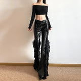 2025 Summer High-Rise Street Fashion Hottie Mesh Splicing Design PU Leather Trumpet Trousers Women