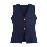 Women's Clothing 2025 Summer Solid Color Repair Gold Button Knitted Vest Top