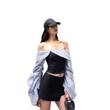 Women's Clothing 2025 Summer New Fashion Stripe Bumped A Word Shoulder-To-Shoulder Repair Slim Thin Long-Sleeved Top Lady
