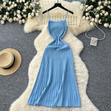 Summer Dress Women 2025 New Gentle Wind Temperament Slings Waists Thin Vertical Knitted Dress Inside The Long Skirt