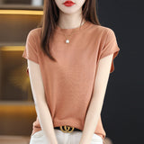 Short-Sleeved T-Shirt Round Collar Bottom Top 2025 New Solid Color Loose T Ice Knitted Shirt Casual