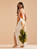 2025 Women's New Temperament Slanted Shoulder Open Fork Printing Summer Sling Dress Dress Dress Dress