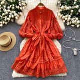 2025 Spring And Summer New Lantern Sleeve Retro Hollow Lace Splicing Single Buckle Loose Lace Dress Dress Woman