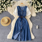 Short-Sleeved Dress Women's 2025 Summer Dress New Design Collar Bubble Sleeve Splicing Age-Sensitive Fashion Denim Long Dress