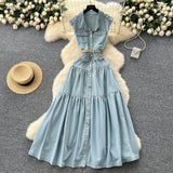 Light Ripe Wind Niche High-Grade Buckle Collar Sleeveless Roll-Lens Denim Dress Women's Summer Long Dress