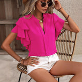 2025 Women's Summer New V-Neck Casual Double-Layer Lotus Leaf Sleeve Solid Shirt Top