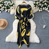 Small High-End Dress Women Design Feel Strapped Waist Bat Sleeve Pressure Fold Printing Irregular Dress Dress