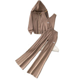 Fashion Three-Piece Women's Winter Casual Zipper Knitted Coat + Embroidered Vest + High-Waisted Wide Leggings