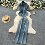 French Light-Cooked Wind Strap To Close Waist Short-Sleeved Cowboy Topess Female High-Waisted Fork Hip Skirt Summer Two-Sleeve