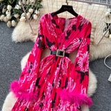 High-End Elegant Dress Women 2025 New Light Style Waist Hair Sleeve Splicing Print 100-Folded Long Dress