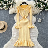 French Retro Doll Collar Horn Sleeve Dress Women Autumn Waist Thin Temperament Knitted Dress