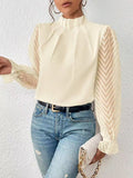 2025 Spring And Autumn New Solid Color Half Height Folding Spliced Wavy Lotus Leaf Side Long Sleeve Yarn Cloth