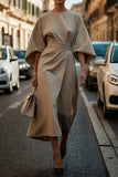 2025 Women's Fashion Temperament Elegant Solid Color Waist Dress Casual Bat Sleeve Dress