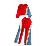 Fashion Denim Set Female Retro Casual Color Long-Sleeved Sweater Denim Spliced Broad Leg Pants Two Sets