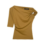 Metal Set Asymmetric Coat 2025 Summer Folded Single-Sleeved Elastic Body Trim Women's T-Shirt Casual