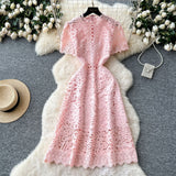 High-End Squeer Hook Lace Dress Female French Waist Thin Temperament Short-Sleeved Long Dress 2025 Summer