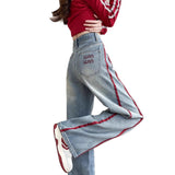 Embroidered Broad-Legged Jeans Women's Spring And Autumn 2025 Hit High-Waisted Loose Design Sense Spliced Straight Straight Trousers